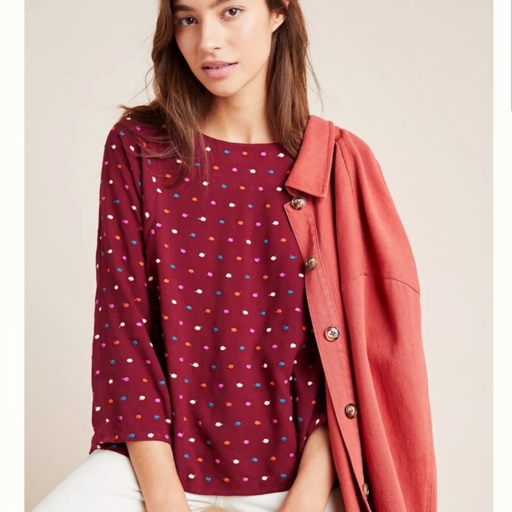 Anthropologie Maeve embroidered Polk a dot blouse